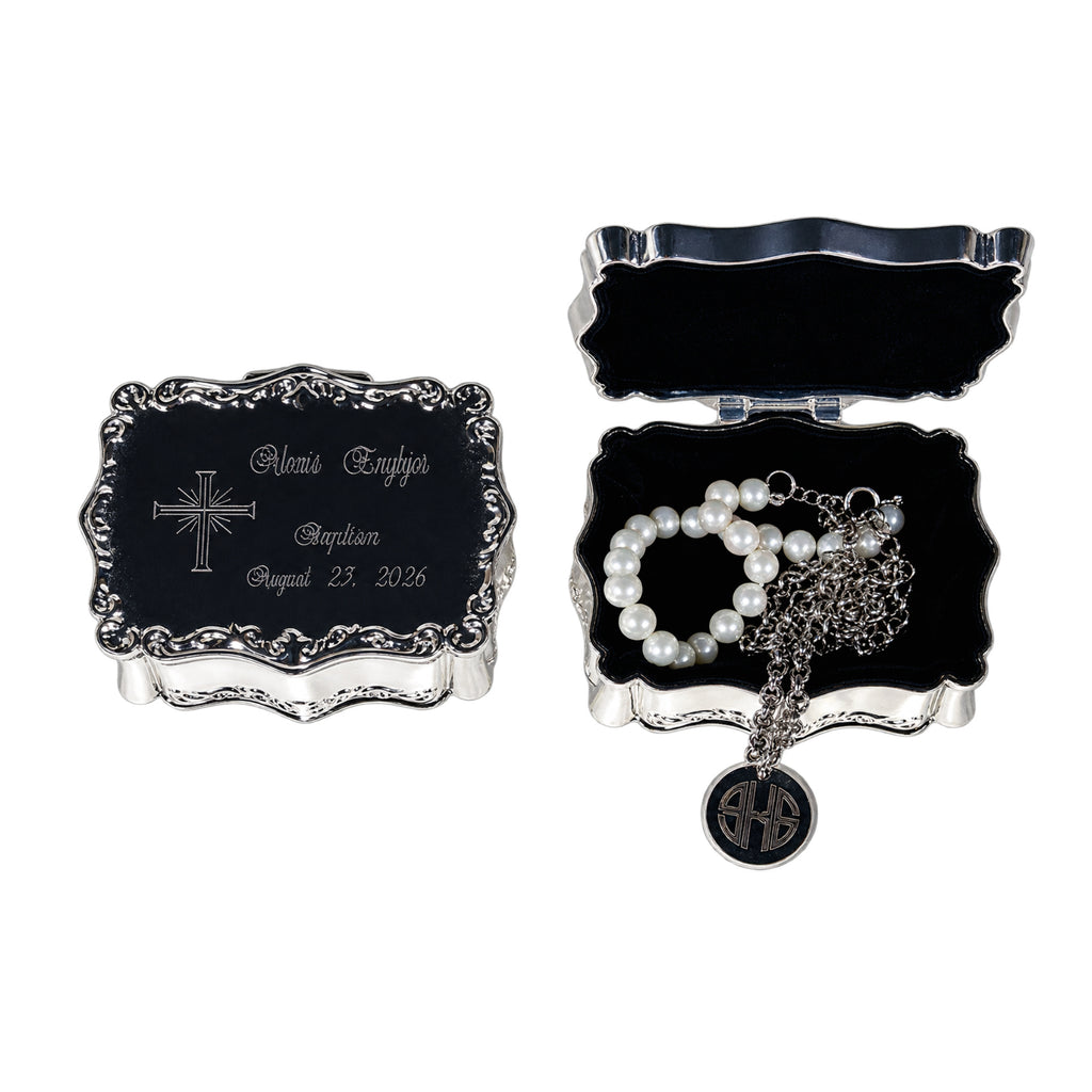 Personalized Baptism Jewelry Box with Cross – Silver Keepsake Box