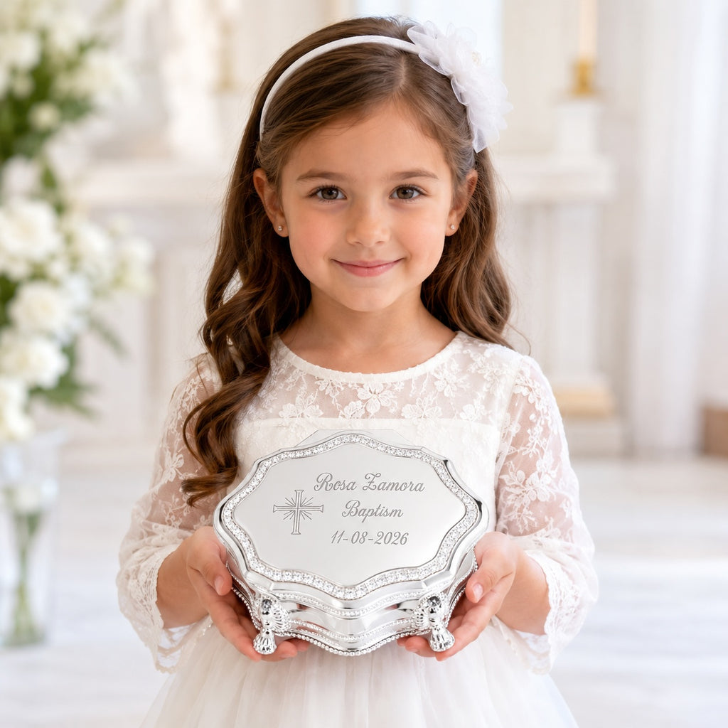 Personalized Baptism Octagon Jewelry Box with Cross – Silver Keepsake Gift