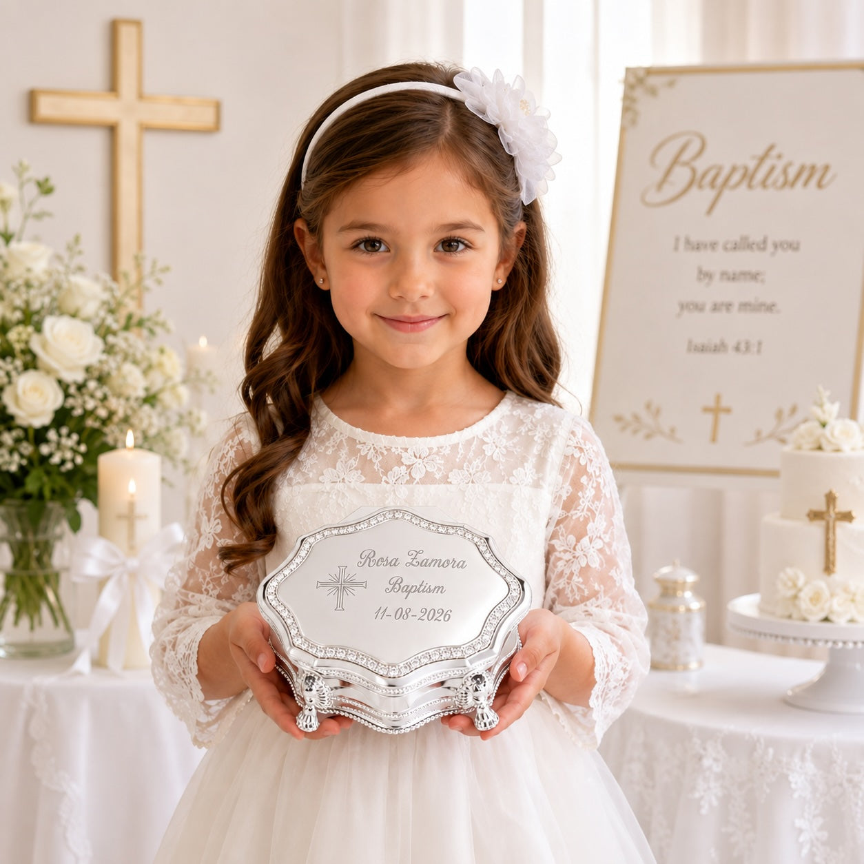 Personalized Baptism Octagon Jewelry Box with Cross – Silver Keepsake Gift