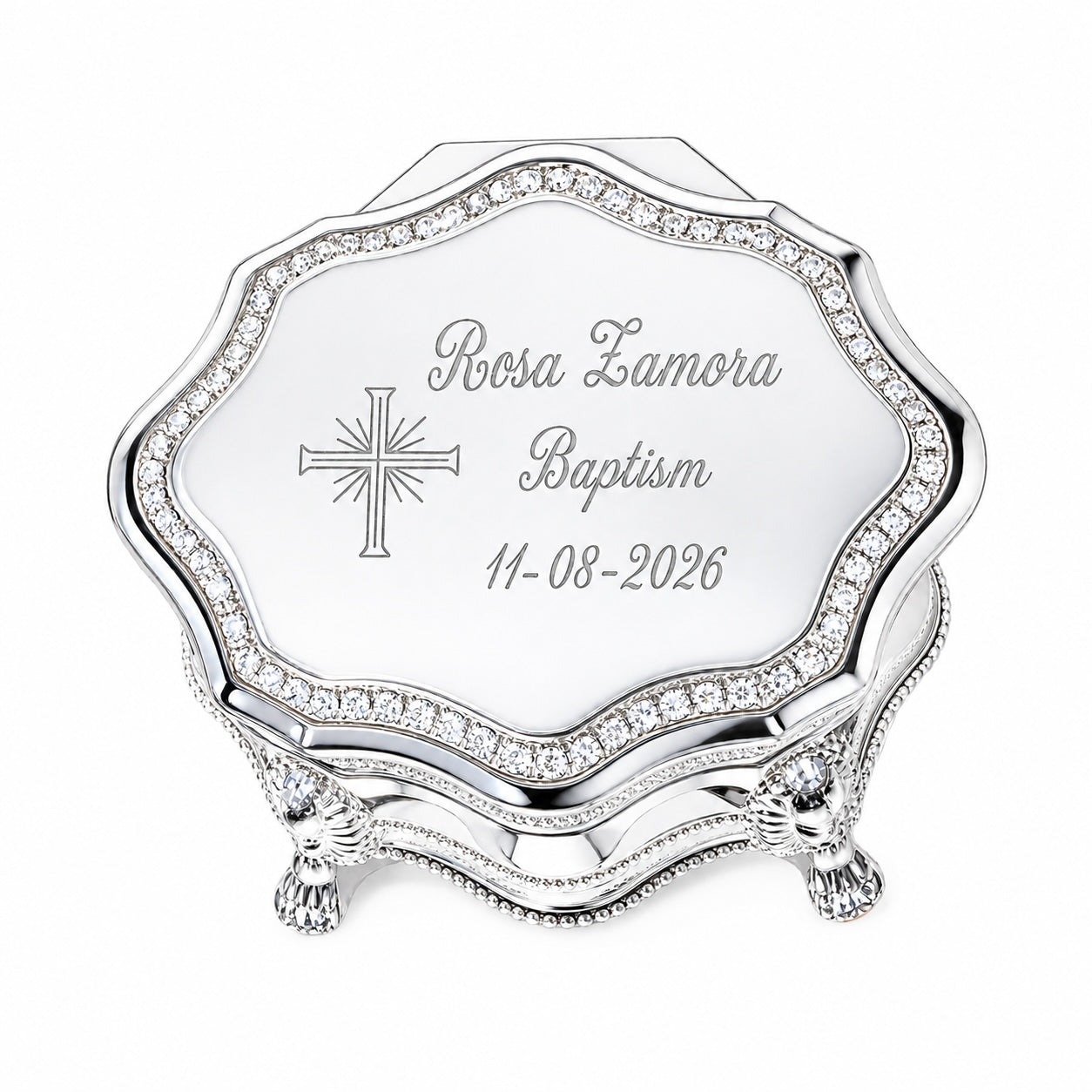 Personalized Baptism Octagon Jewelry Box with Cross – Silver Keepsake Gift