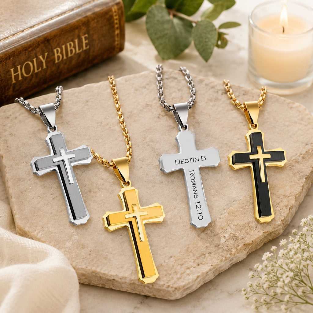 Personalized Stainless Steel Cross Necklace | Silver, Gold & Black | Custom Engraved Christian Gift
