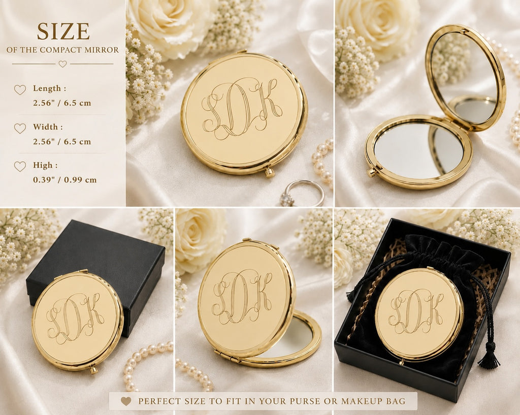 Personalized Bridesmaid Silver Compact Mirror | Engraved Stainless Steel Pocket Mirror | Custom Wedding Party Gift