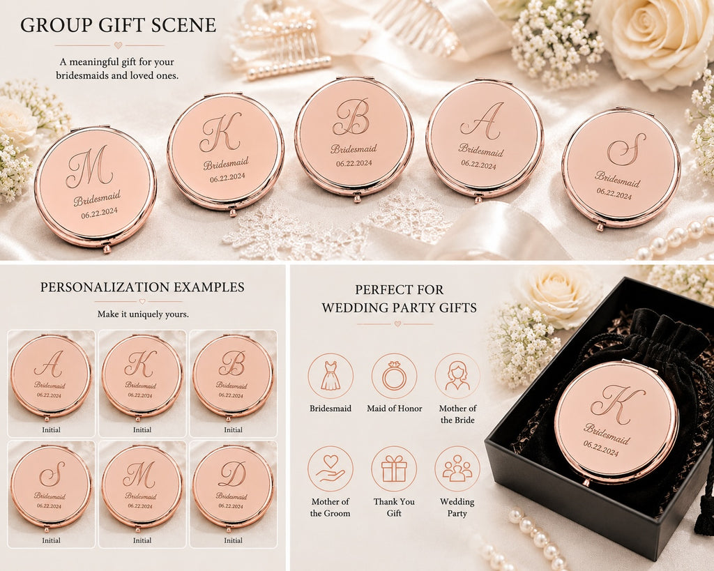 Personalized Bridesmaid Silver Compact Mirror | Engraved Stainless Steel Pocket Mirror | Custom Wedding Party Gift