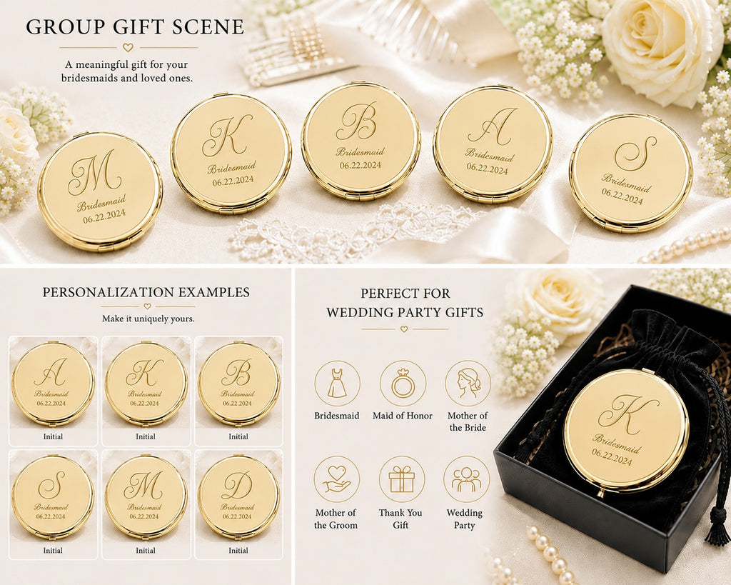 Personalized Bridesmaid Silver Compact Mirror | Engraved Stainless Steel Pocket Mirror | Custom Wedding Party Gift