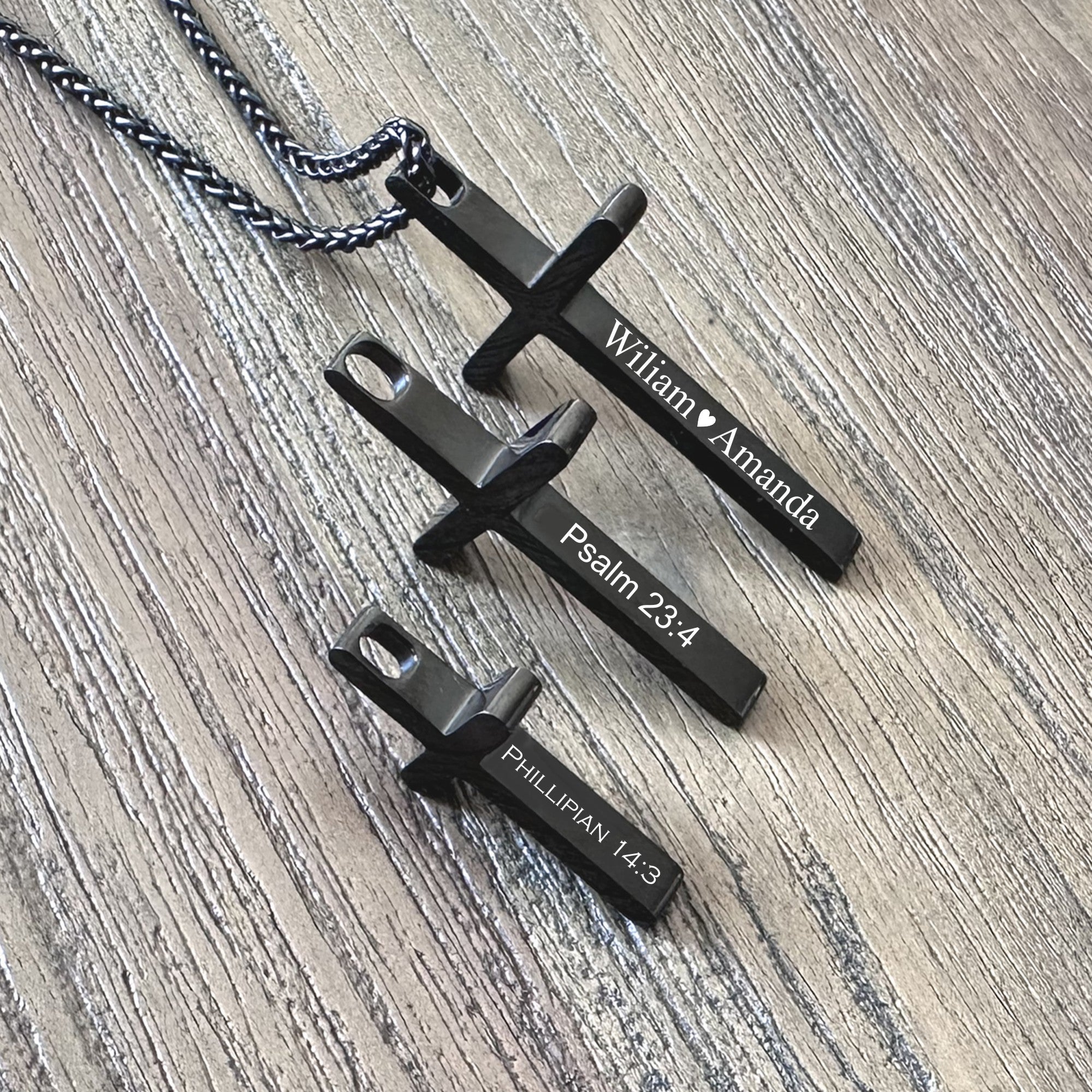 Personalized Black Stainless Steel Cross Necklace | Custom Engraved Christian Gift