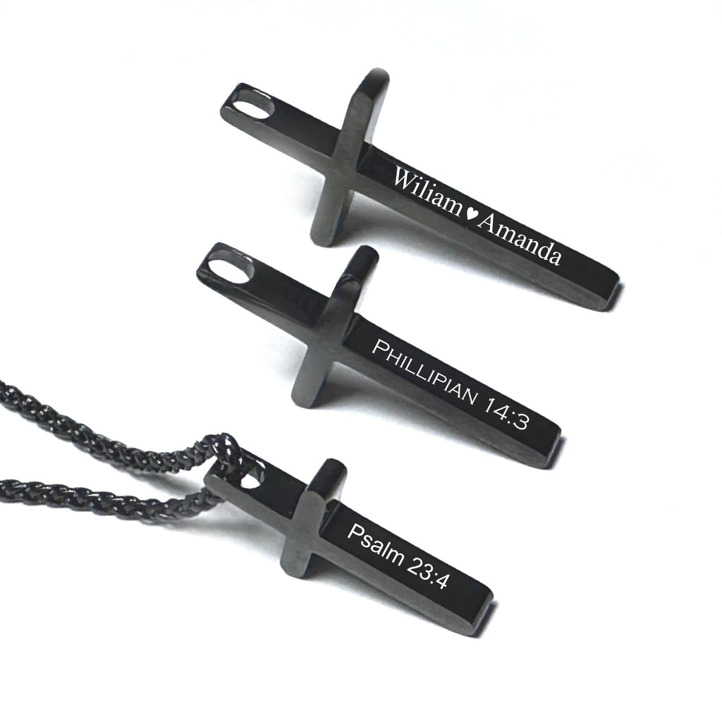 Personalized Black Stainless Steel Cross Necklace | Custom Engraved Christian Gift