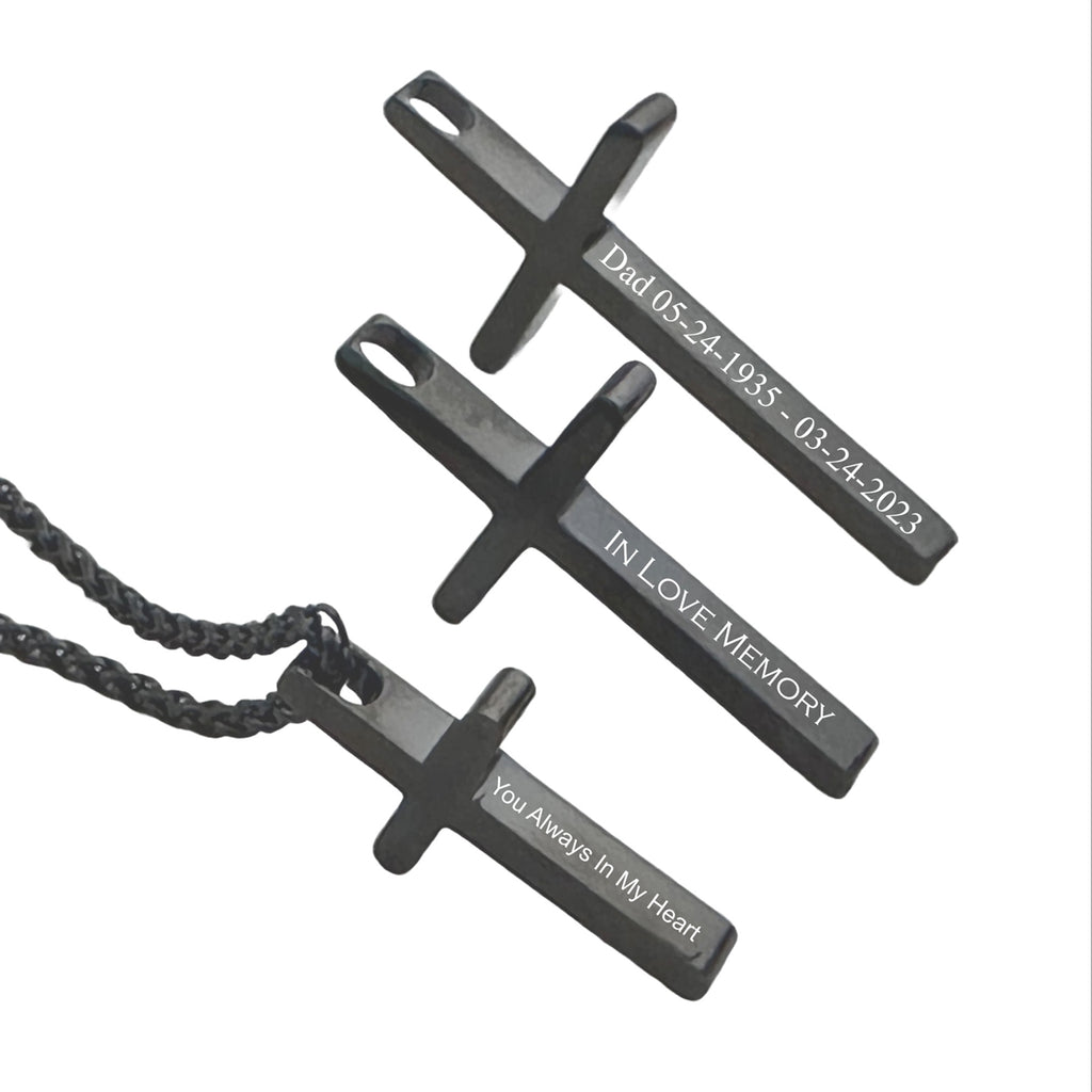 Personalized Black Stainless Steel Cross Necklace | Custom Engraved Christian Gift