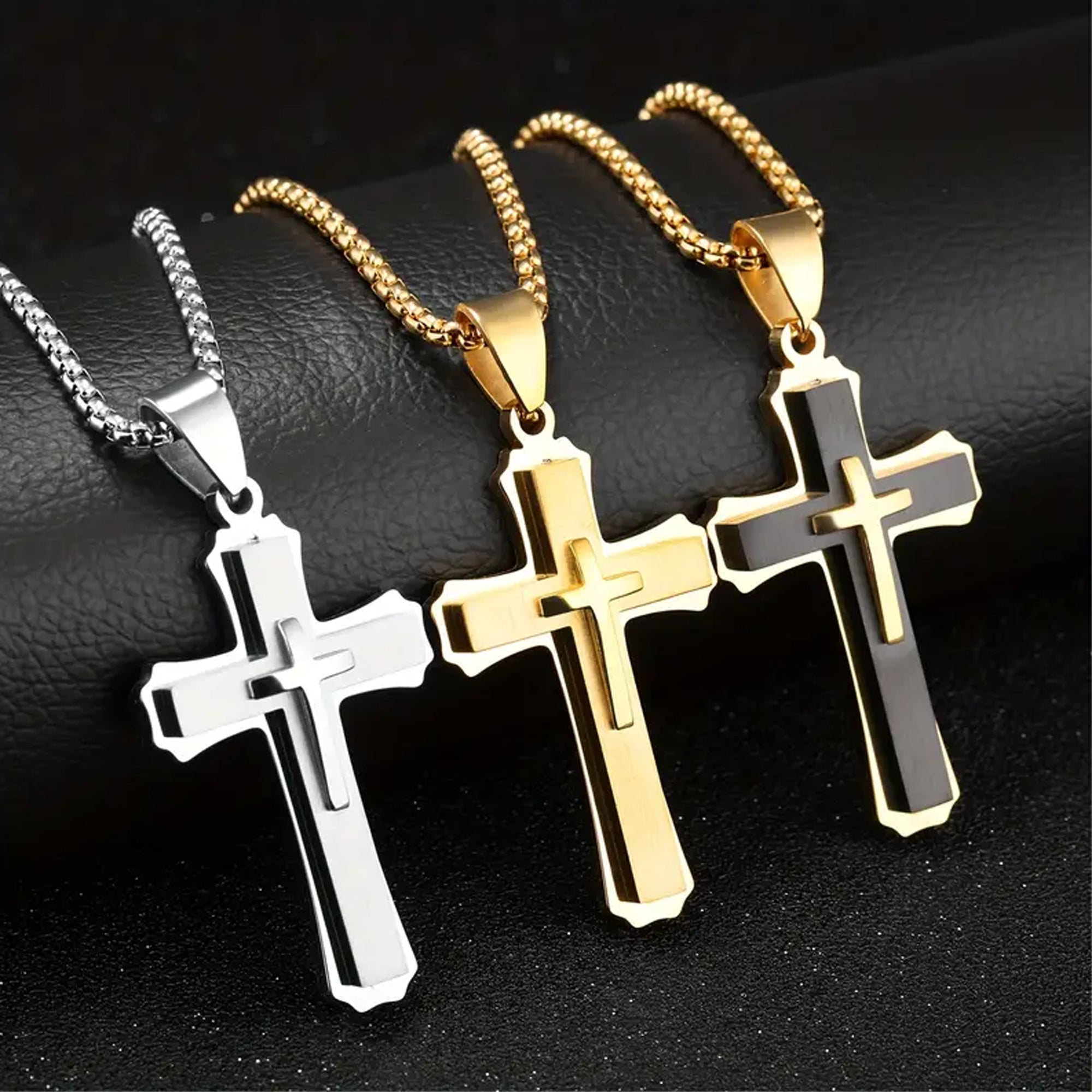 Personalized Stainless Steel Cross Necklace | Silver, Gold & Black | Custom Engraved Christian Gift
