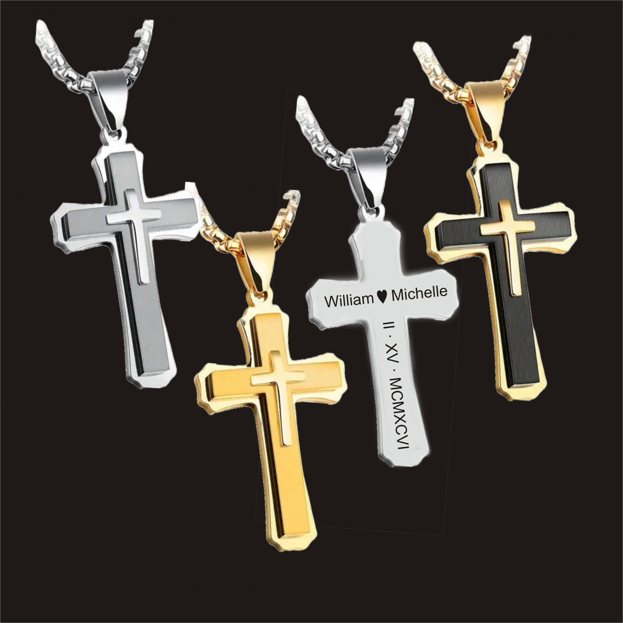 Personalized Stainless Steel Cross Necklace | Silver, Gold & Black | Custom Engraved Christian Gift