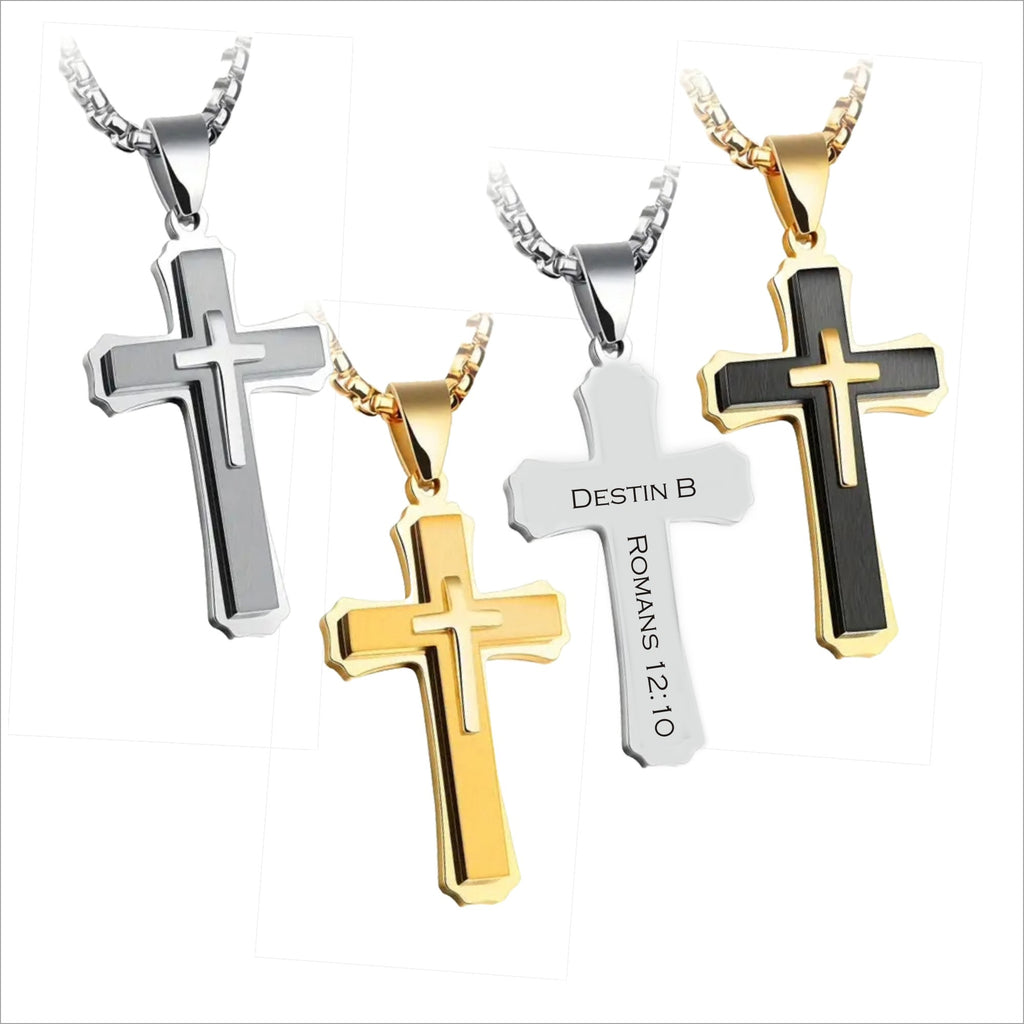 Personalized Stainless Steel Cross Necklace | Silver, Gold & Black | Custom Engraved Christian Gift