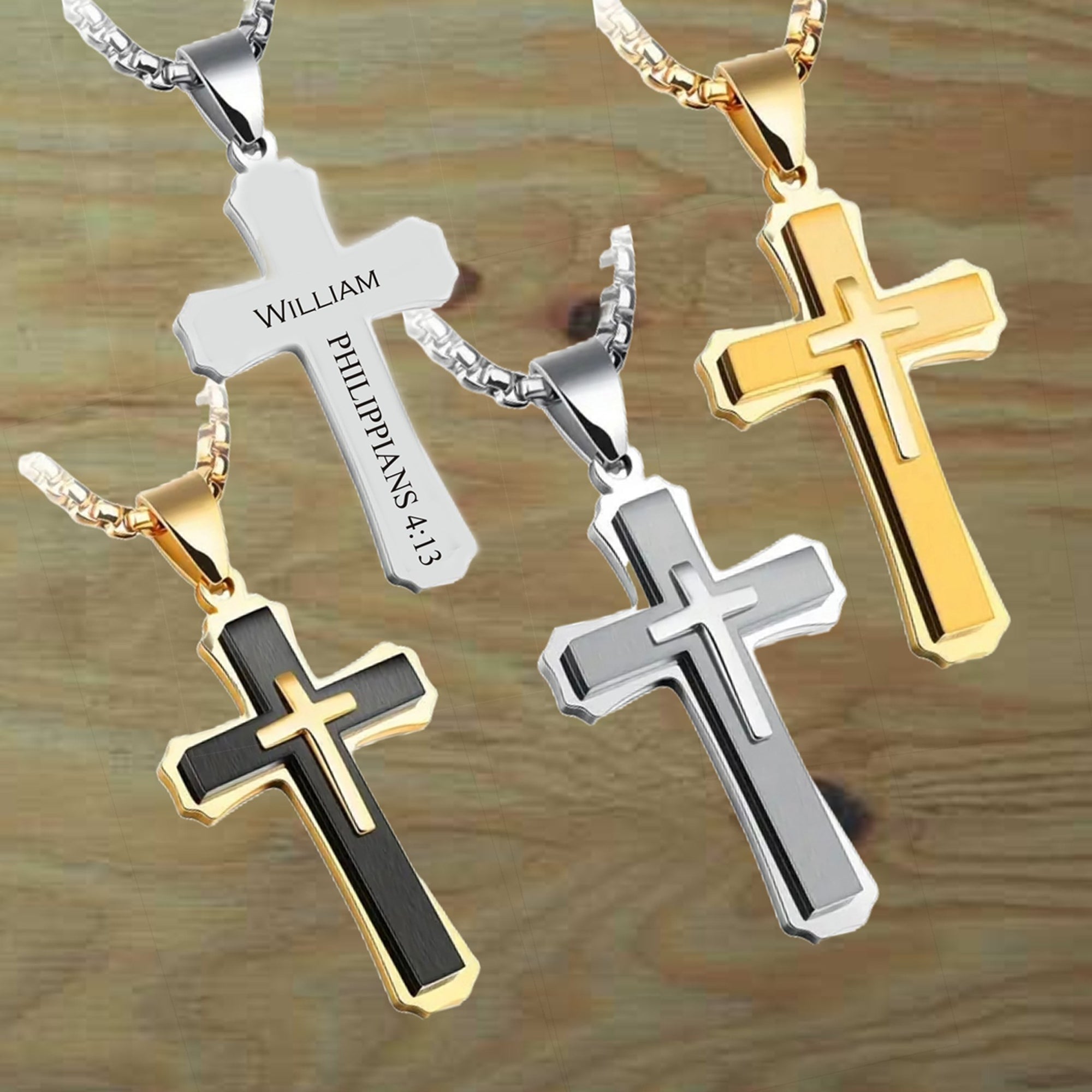 Personalized Stainless Steel Cross Necklace | Silver, Gold & Black | Custom Engraved Christian Gift