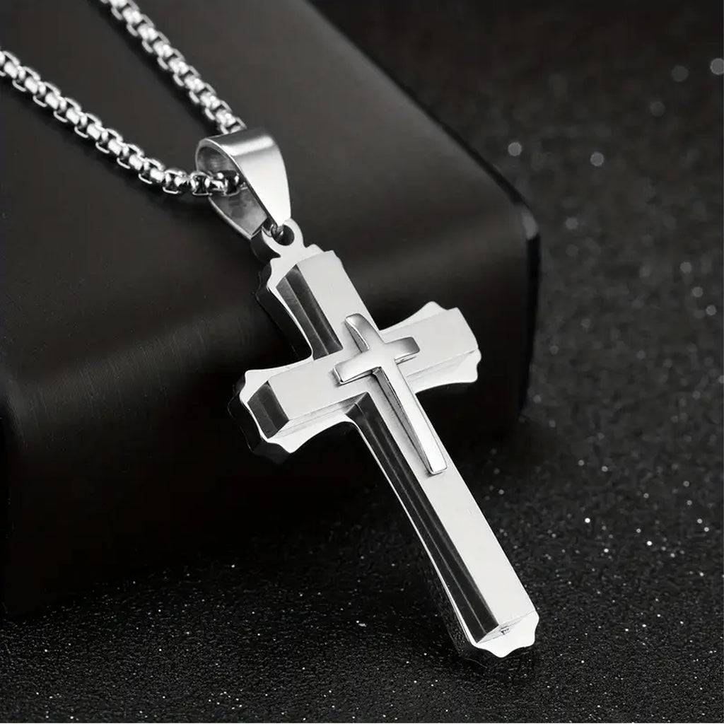 Personalized Stainless Steel Cross Necklace | Silver, Gold & Black | Custom Engraved Christian Gift