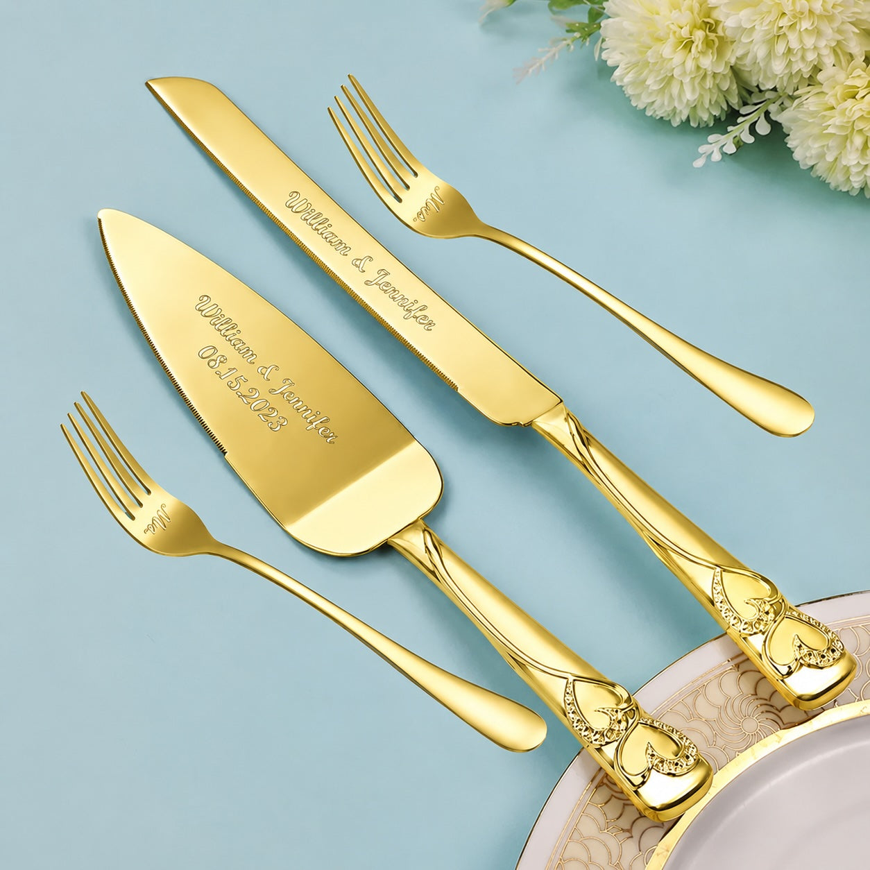 Personalized Gold Wedding Cake Knife & Server Set with Forks | Custom Engraved Cake Cutting Set