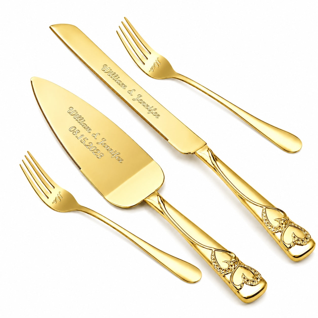Personalized Gold Wedding Cake Knife & Server Set with Forks | Custom Engraved Cake Cutting Set