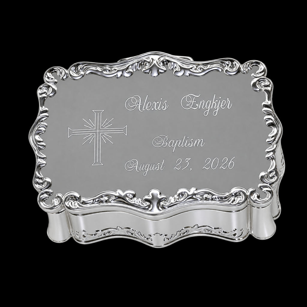 Personalized Baptism Jewelry Box with Cross – Silver Keepsake Box