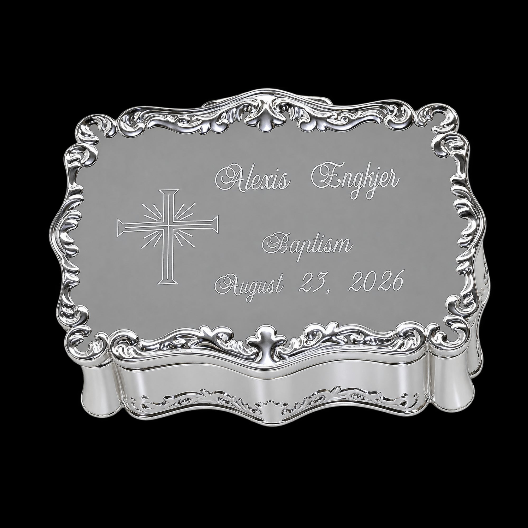 Personalized Baptism Jewelry Box with Cross – Silver Keepsake Box