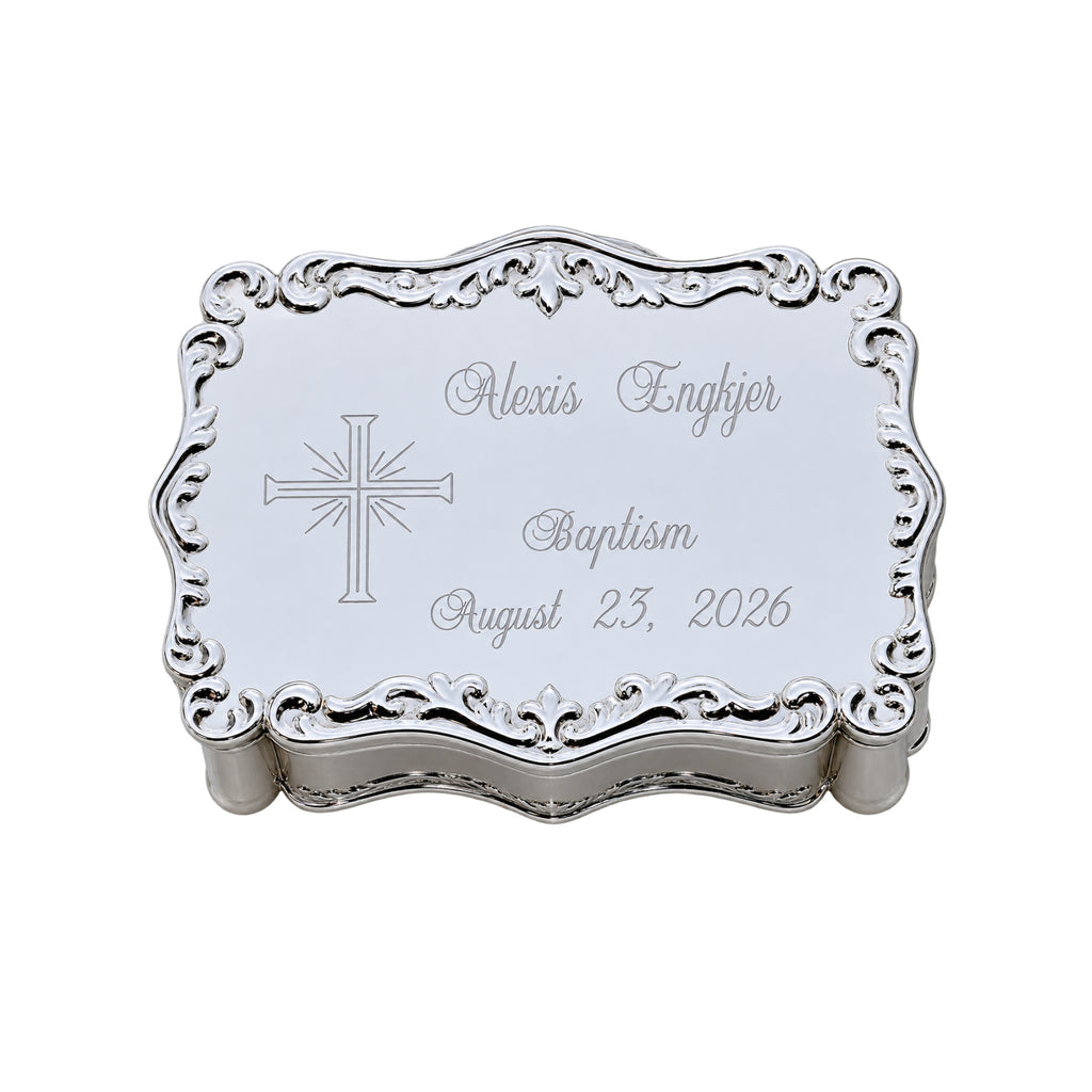 Personalized Baptism Jewelry Box with Cross – Silver Keepsake Box