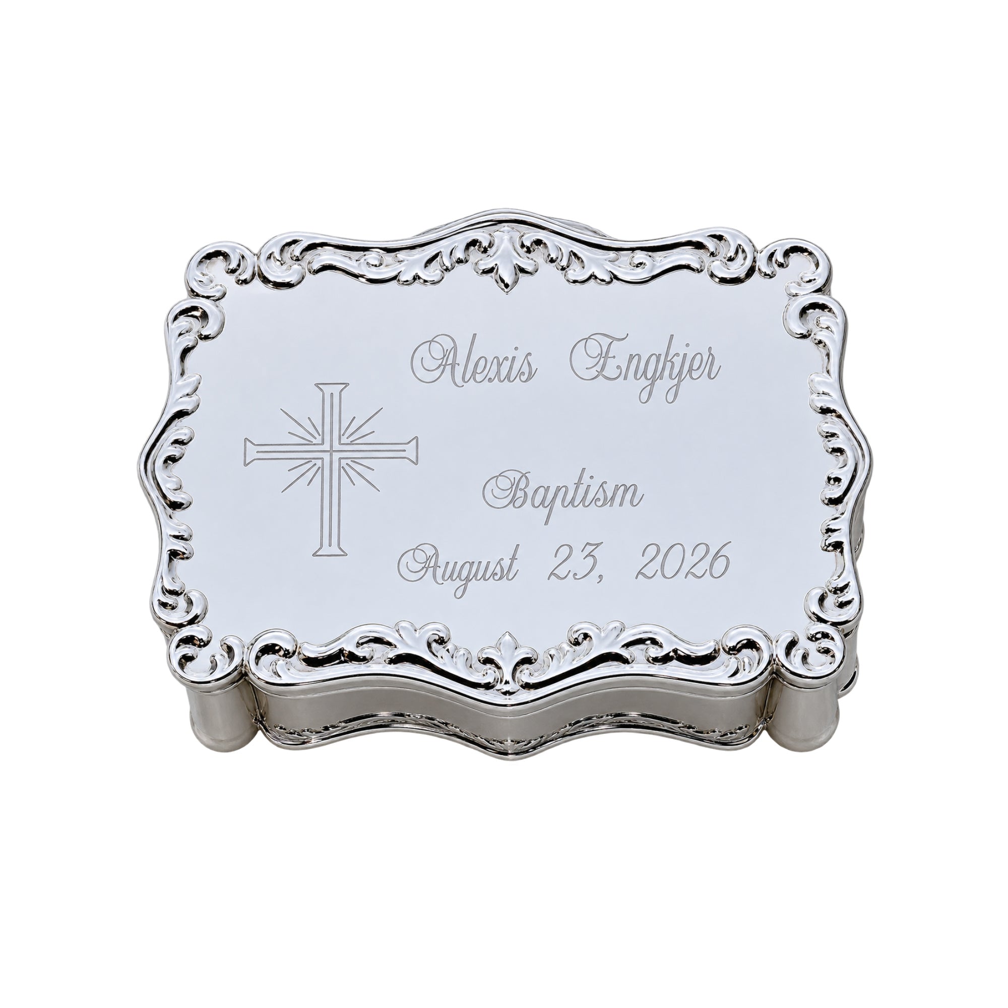 Personalized Baptism Jewelry Box with Cross – Silver Keepsake Box