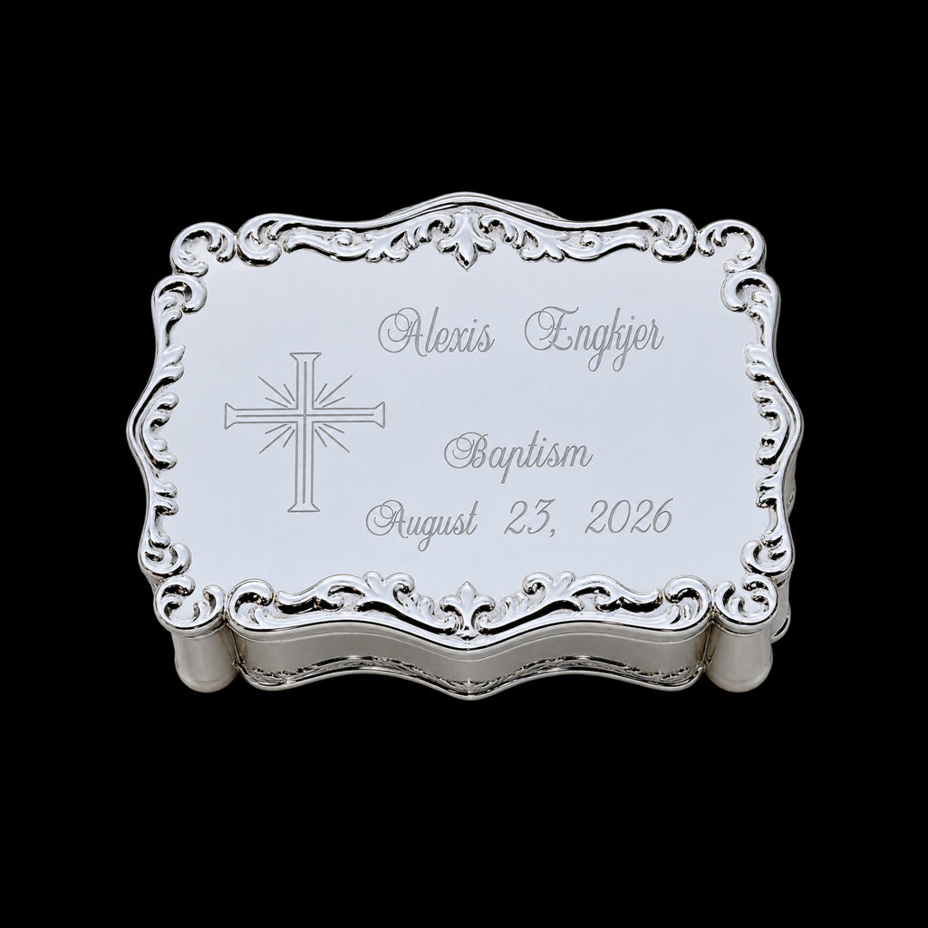 Personalized Baptism Jewelry Box with Cross – Silver Keepsake Box