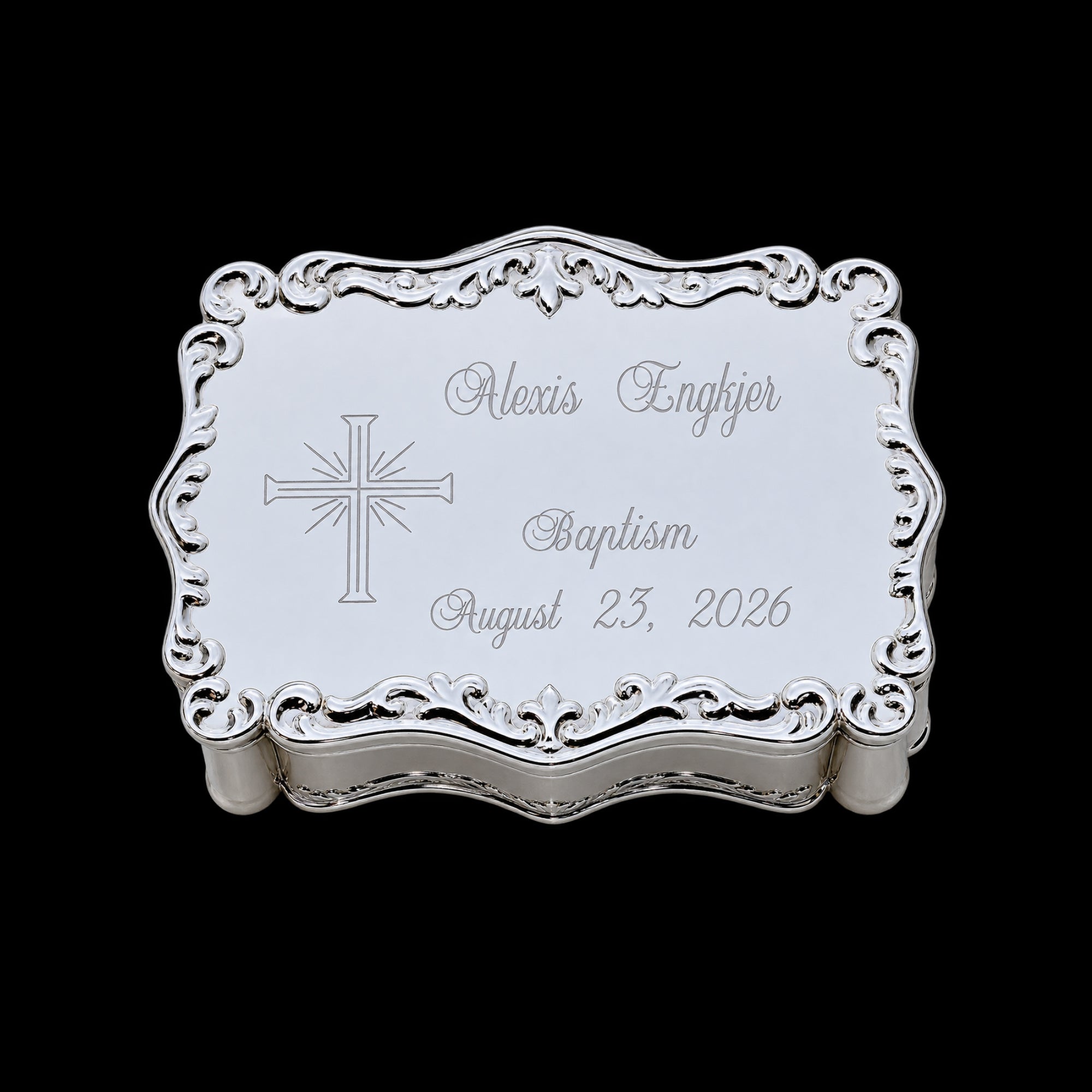 Personalized Baptism Jewelry Box with Cross – Silver Keepsake Box
