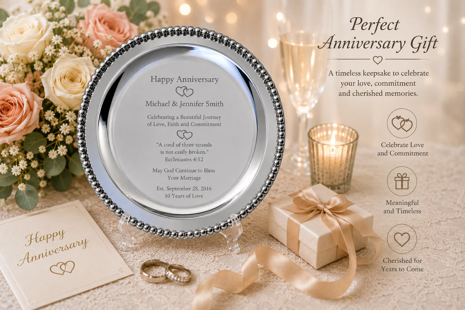 Personalized Round Silver Anniversary Tray – Engraved Keepsake Gift for Couple
