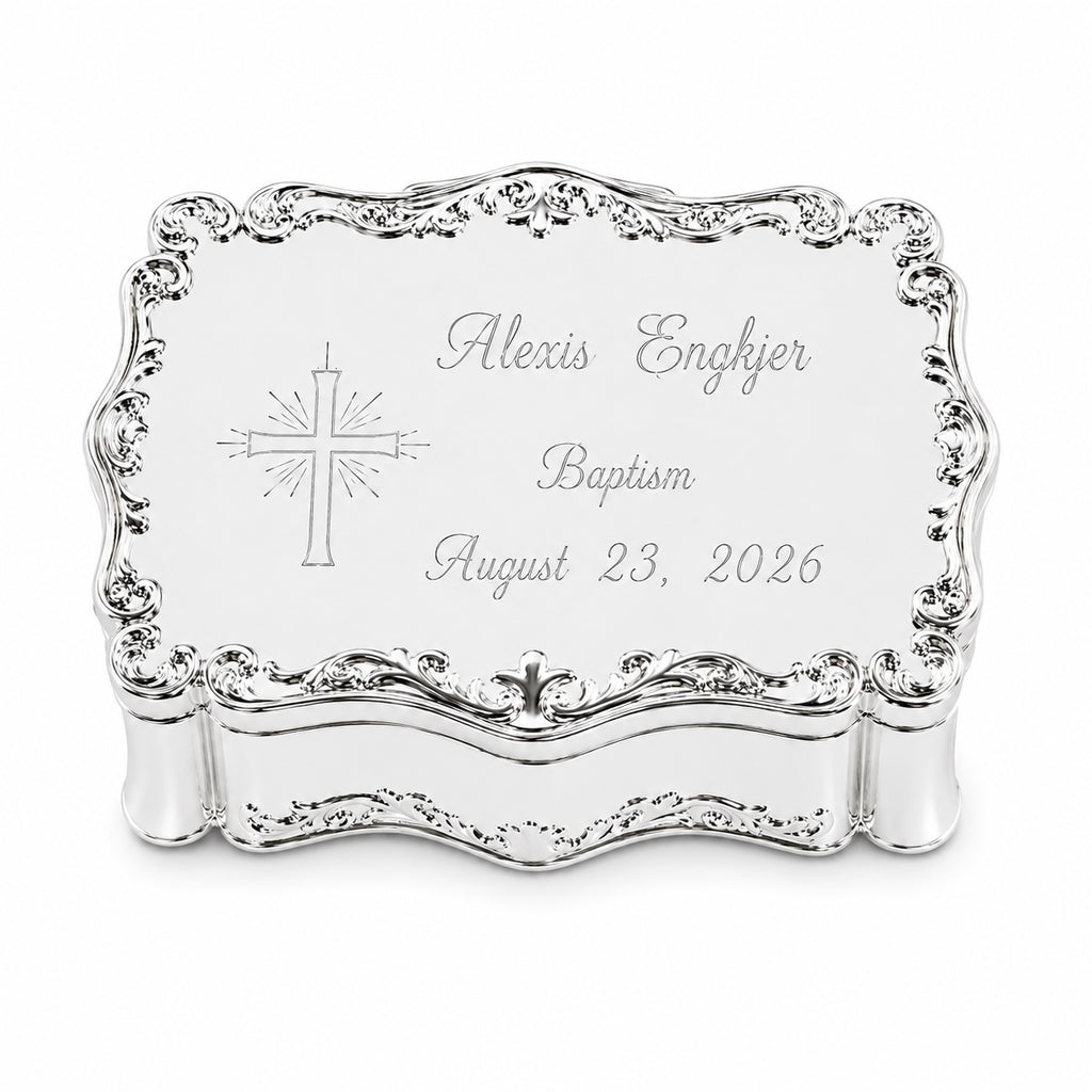 Personalized Baptism Jewelry Box with Cross – Silver Keepsake Box