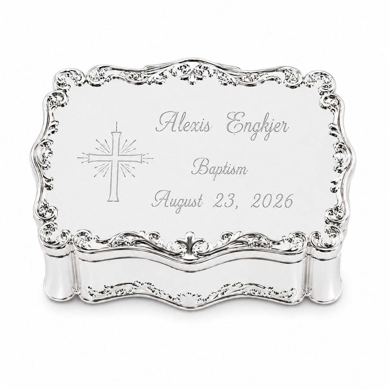 Personalized Baptism Jewelry Box with Cross – Silver Keepsake Box