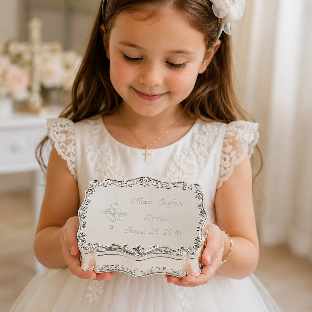 Personalized Baptism Jewelry Box with Cross – Silver Keepsake Box