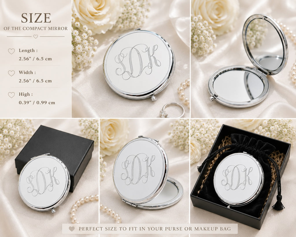 Personalized Bridesmaid Silver Compact Mirror | Engraved Stainless Steel Pocket Mirror | Custom Wedding Party Gift