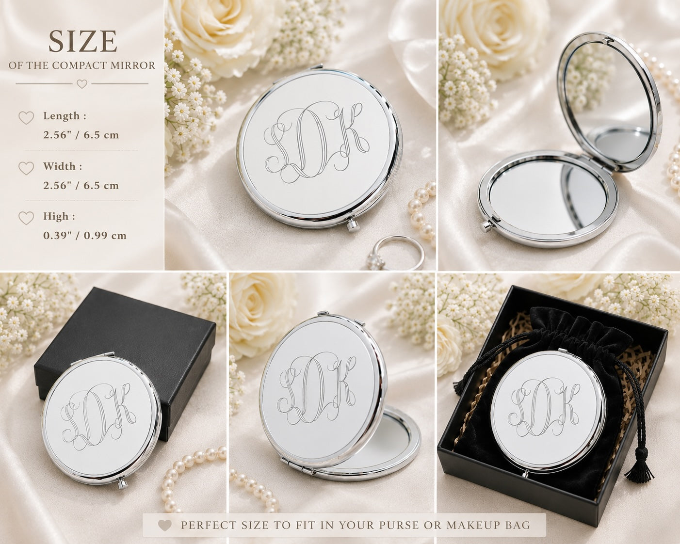 Personalized Bridesmaid Silver Compact Mirror | Engraved Stainless Steel Pocket Mirror | Custom Wedding Party Gift