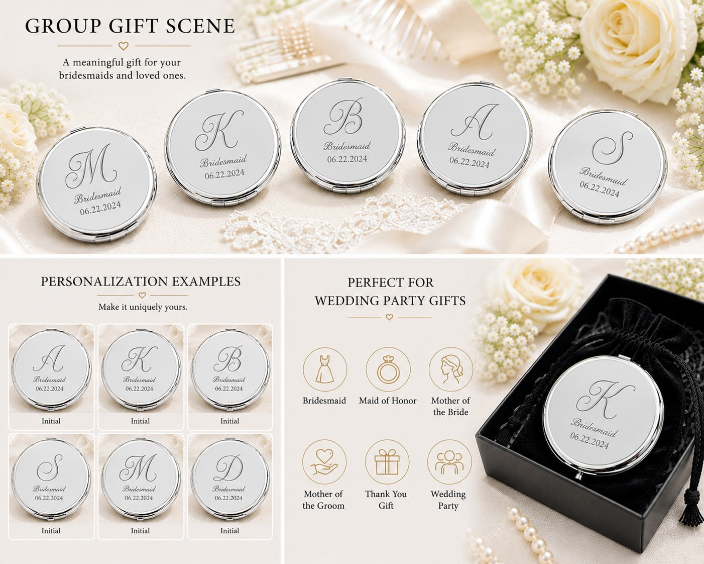 Personalized Bridesmaid Silver Compact Mirror | Engraved Stainless Steel Pocket Mirror | Custom Wedding Party Gift