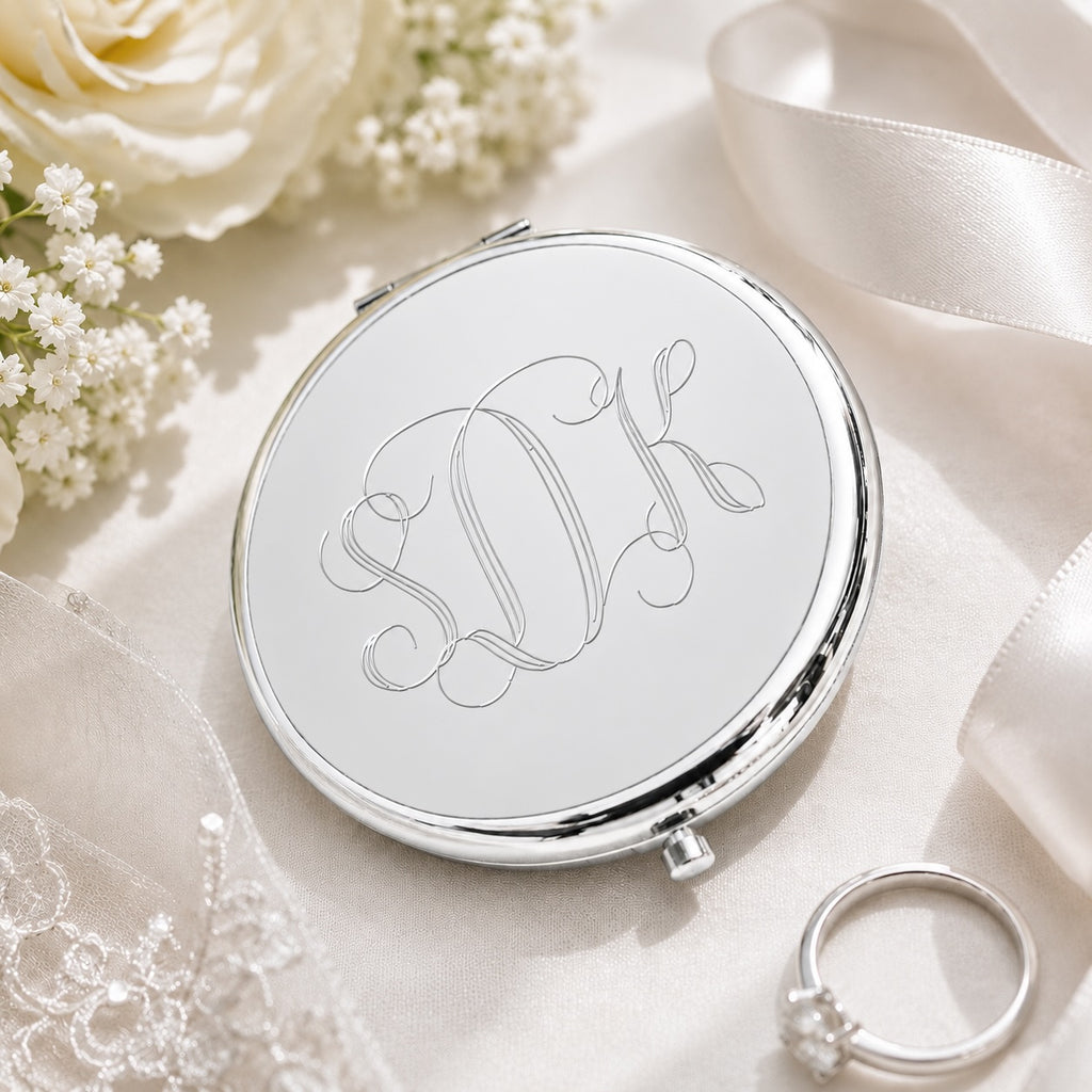 Personalized Bridesmaid Silver Compact Mirror | Engraved Stainless Steel Pocket Mirror | Custom Wedding Party Gift