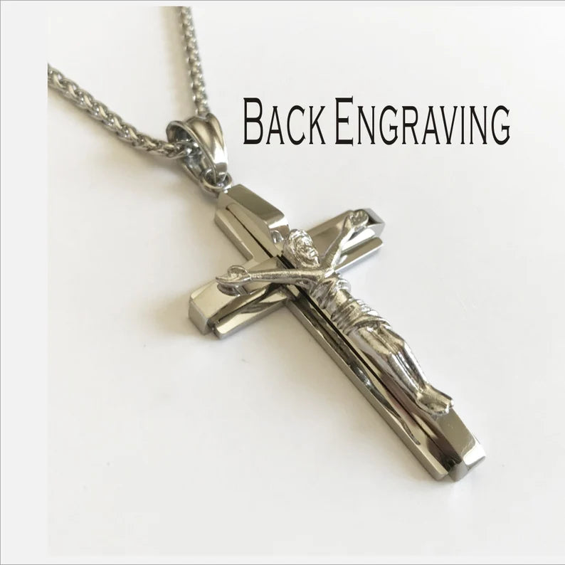 Personalized Jesus Cross Necklace | Engraved Stainless Steel Crucifix Necklace | Christian Gift for Men & Women