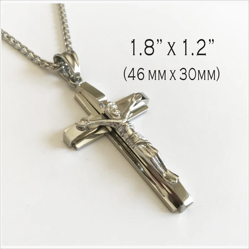 Personalized Jesus Cross Necklace | Engraved Stainless Steel Crucifix Necklace | Christian Gift for Men & Women