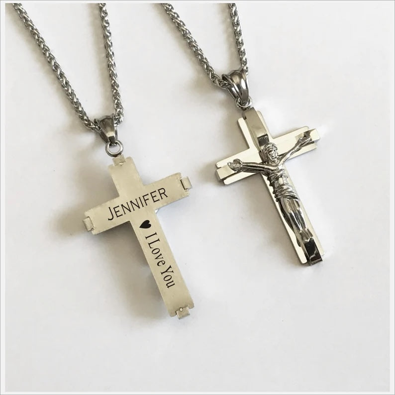 Personalized Jesus Cross Necklace | Engraved Stainless Steel Crucifix Necklace | Christian Gift for Men & Women