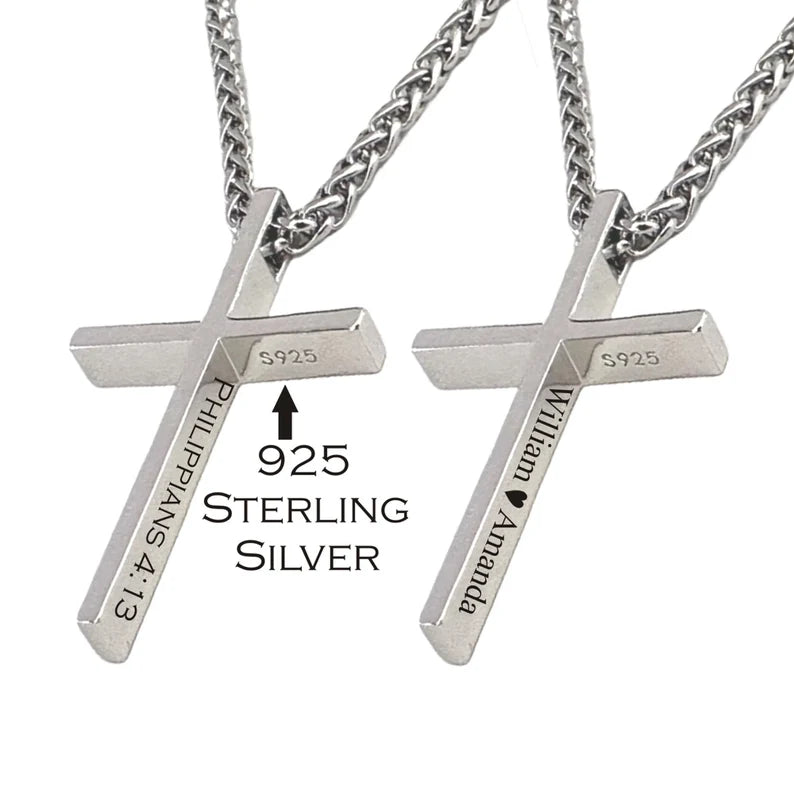 Personalized 925 Sterling Silver Cross Necklace | Custom Engraved Cross Pendant | Christian Gift for Men & Women