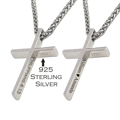 Personalized 925 Sterling Silver Cross Necklace | Custom Engraved Cross Pendant | Christian Gift for Men & Women