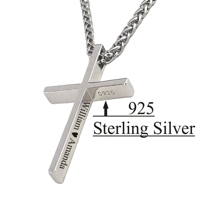 Personalized 925 Sterling Silver Cross Necklace | Custom Engraved Cross Pendant | Christian Gift for Men & Women