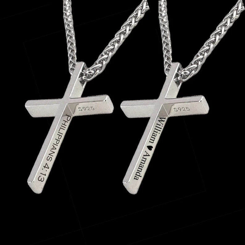 Personalized 925 Sterling Silver Cross Necklace | Custom Engraved Cross Pendant | Christian Gift for Men & Women