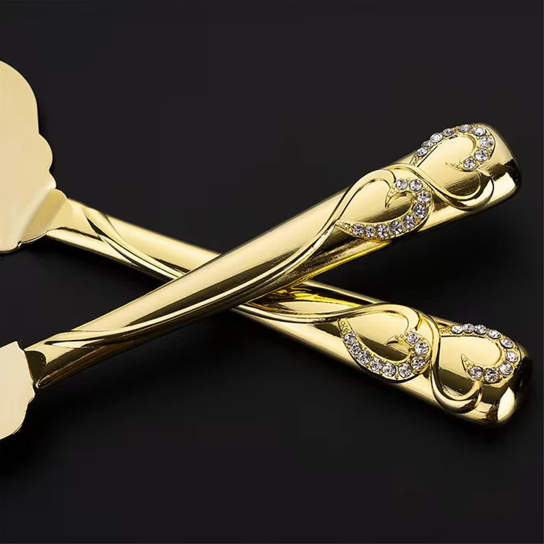Personalized Gold Wedding Cake Knife & Server Set with Forks | Custom Engraved Cake Cutting Set