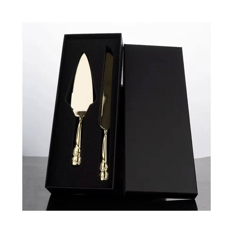 Personalized Gold Wedding Cake Knife & Server Set with Forks | Custom Engraved Cake Cutting Set