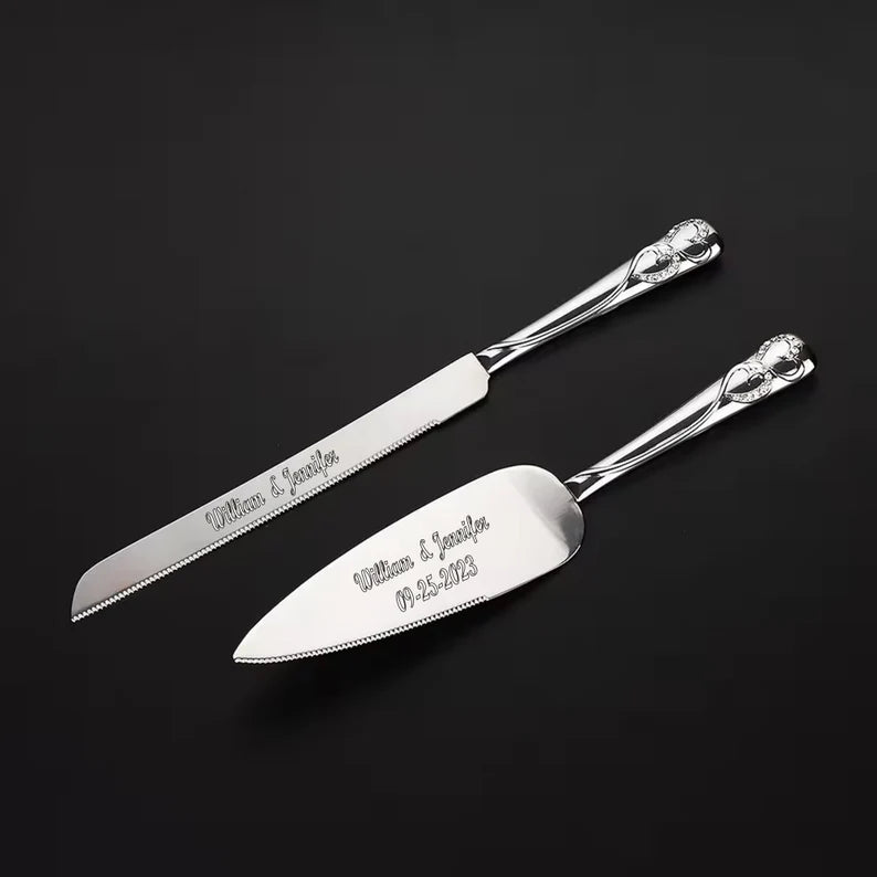 Personalized Silver Wedding Cake Knife and Server Set | Custom Engraved Cake Cutting Set | Wedding, Bridal Shower & Anniversary Gift