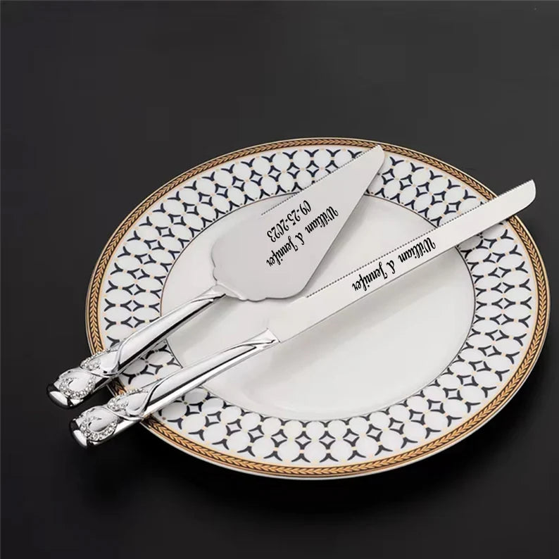 Personalized Silver Wedding Cake Knife and Server Set | Custom Engraved Cake Cutting Set | Wedding, Bridal Shower & Anniversary Gift