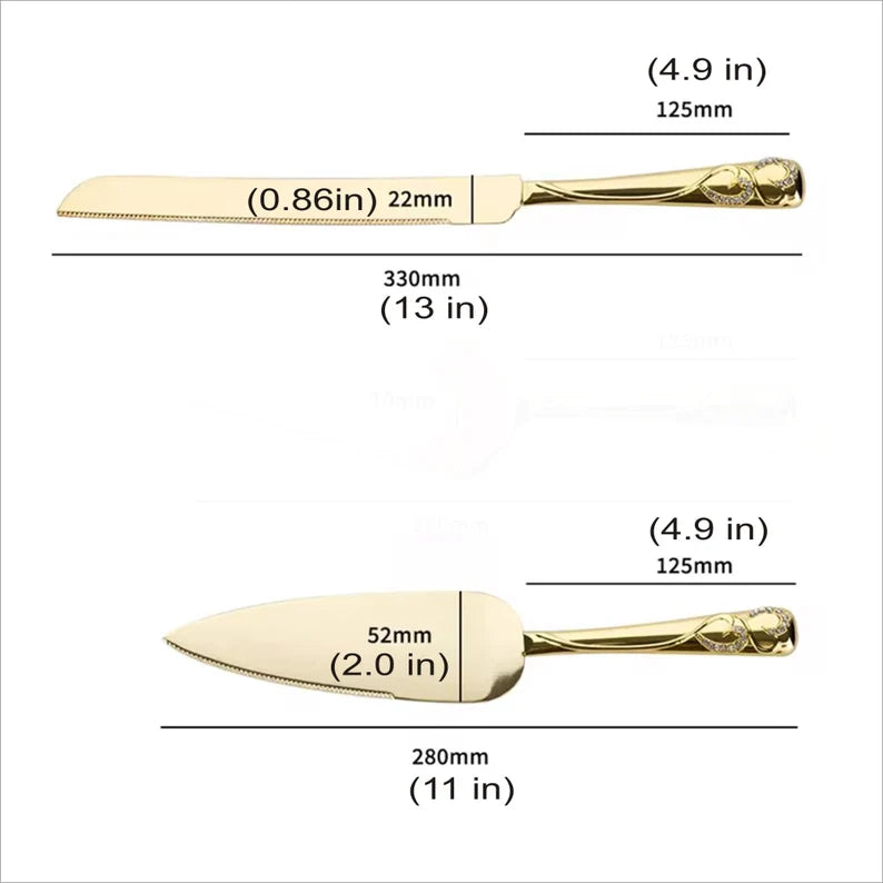 Personalized Gold Wedding Cake Knife & Server Set with Forks | Custom Engraved Cake Cutting Set