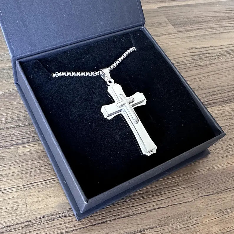 Personalized Stainless Steel Cross Necklace | Silver, Gold & Black | Custom Engraved Christian Gift