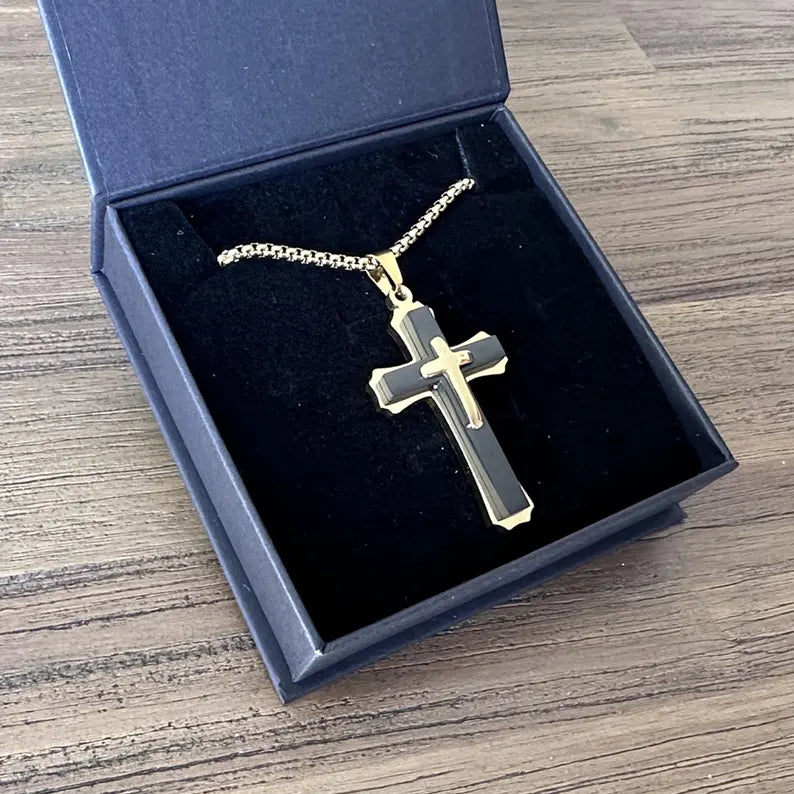Personalized Stainless Steel Cross Necklace | Silver, Gold & Black | Custom Engraved Christian Gift