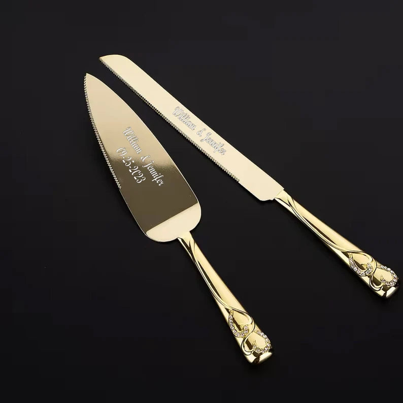 Personalized Gold Wedding Cake Knife & Server Set with Forks | Custom Engraved Cake Cutting Set