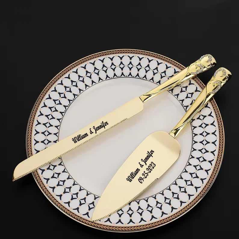 Personalized Gold Wedding Cake Knife & Server Set with Forks | Custom Engraved Cake Cutting Set