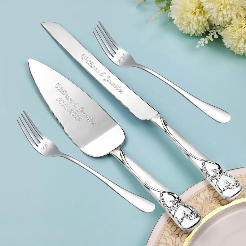 Personalized Silver Wedding Cake Knife and Server Set | Custom Engraved Cake Cutting Set | Wedding, Bridal Shower & Anniversary Gift