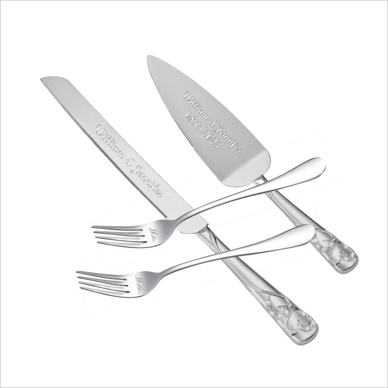 Personalized Silver Wedding Cake Knife and Server Set | Custom Engraved Cake Cutting Set | Wedding, Bridal Shower & Anniversary Gift